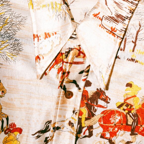 Vintage 70s Hutzpah Butterfly-Collar Disco Shirt with Equestrian Hunting Scene - Picture 6 of 6